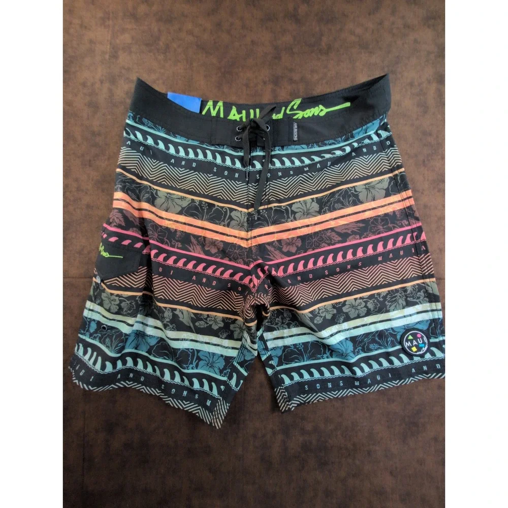 Maui and Sons Mens Board Shorts Size 36 Black Neon Striped Floral Shark Fin NWT